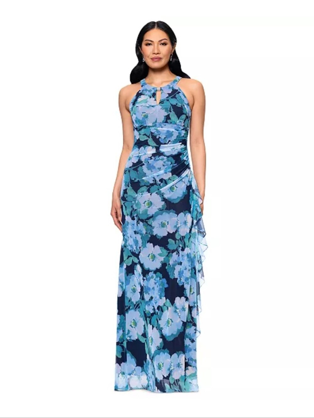 Betsy & Adam NWT $139 Blue Floral Halter Maxi Gown Size 6 Ruffle Formal Dress